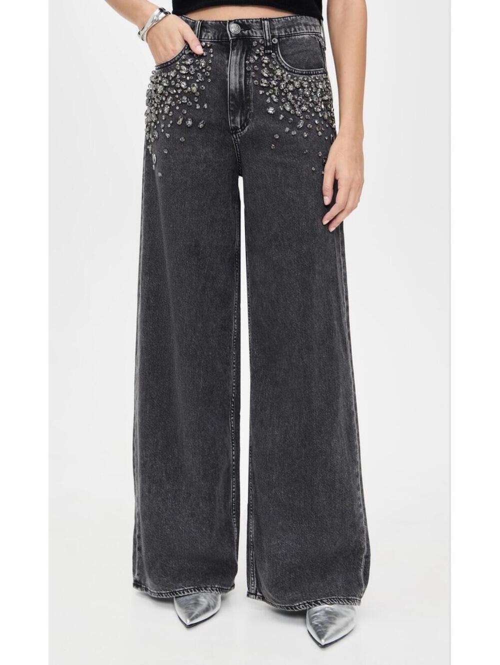 rag & bone Women's  Featherweight Sofie Embellished High Rise Wide Jeans Size 30